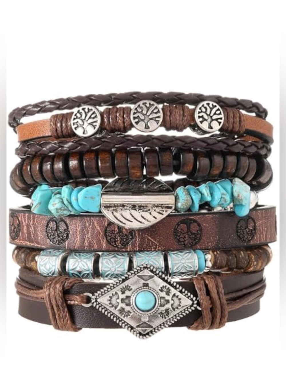 🌙✨6ps Boho Layered Brown Leather Bracelet Stack with Turquoise Accents - Picture 5 of 5